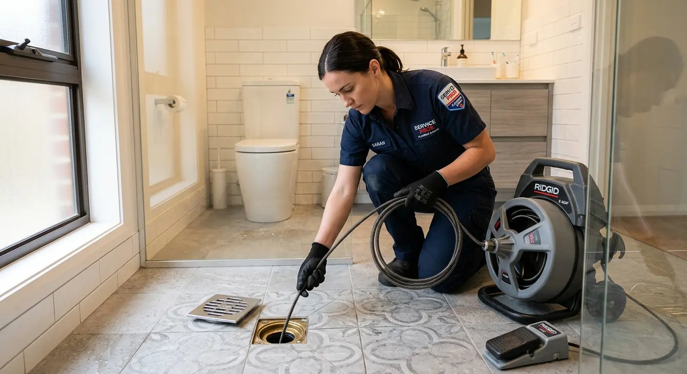 Technician clearing a bathroom floor drain for Hydro Jetting in Mililani Town
